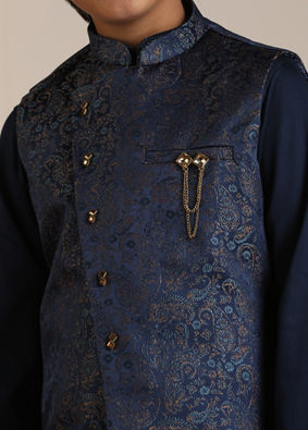 Manyavar Boys Boys Dark Blue Paisley Patterned Angrakha Jacket Set image number 1