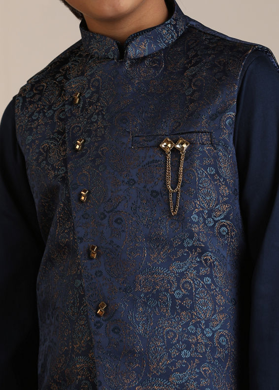 Manyavar Boys Boys Dark Blue Paisley Patterned Angrakha Jacket Set