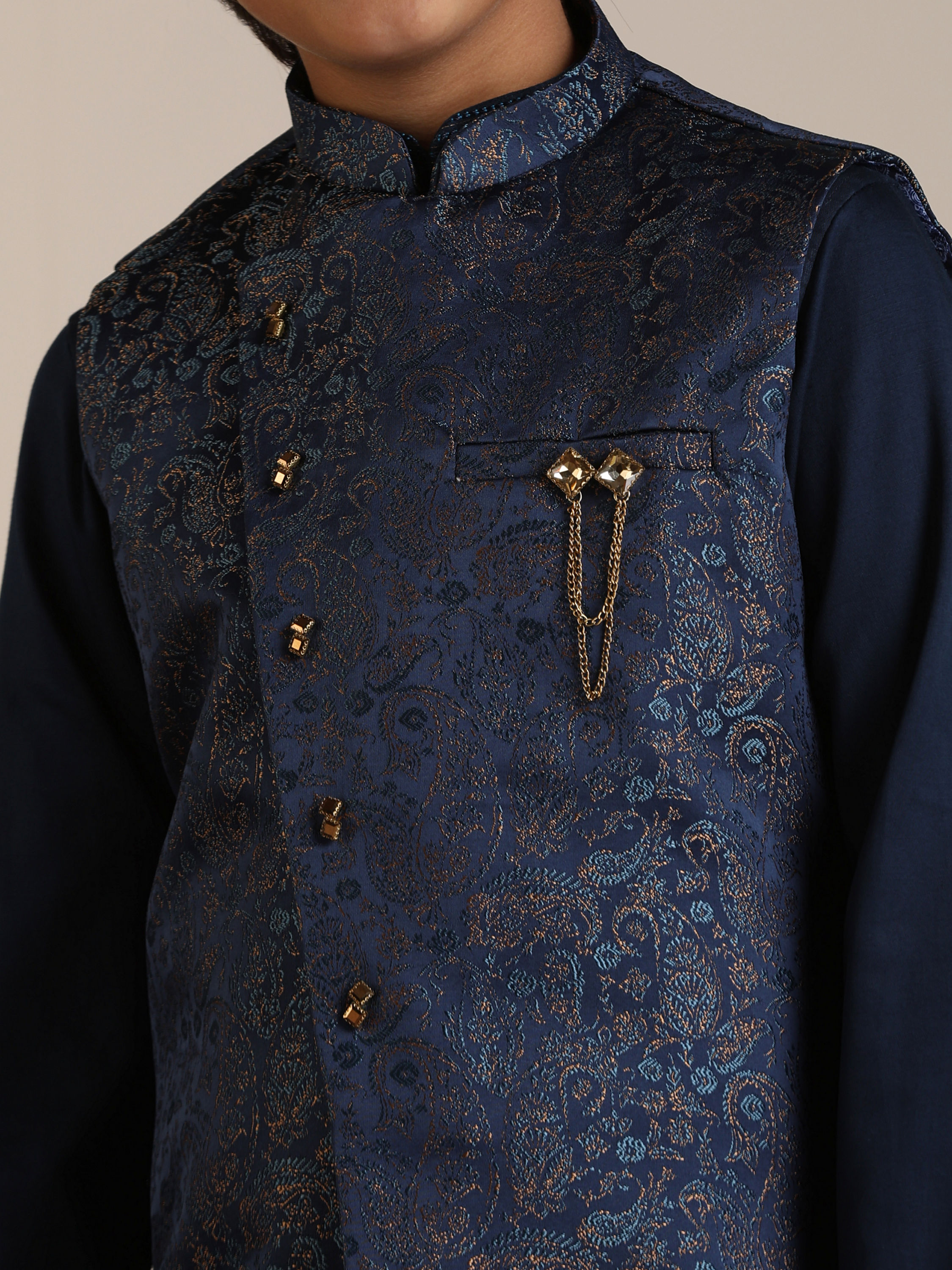 Manyavar Boys Boys Dark Blue Paisley Patterned Angrakha Jacket Set