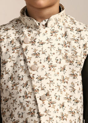 Boys Forest Green Kurta with Cream Floral Printed Jacket Set image number 1