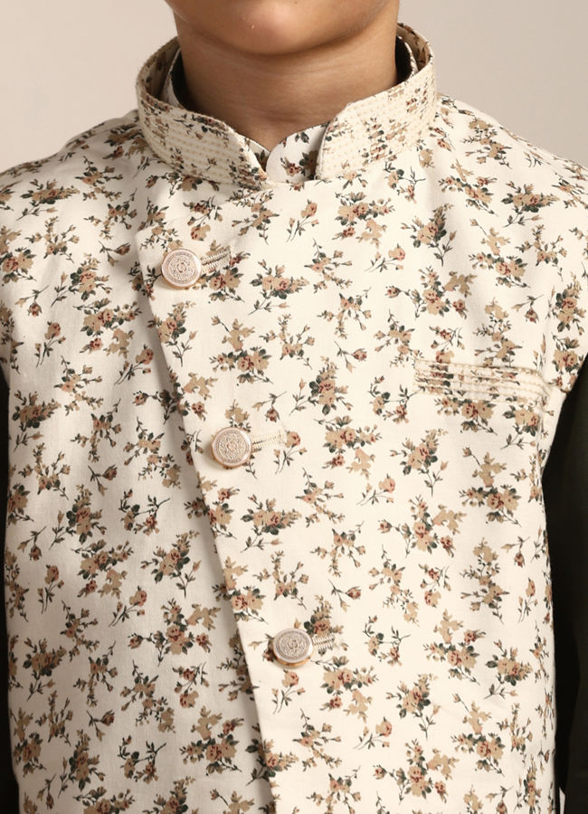 Manyavar Boys Boys Forest Green Kurta with Cream Floral Printed Jacket Set