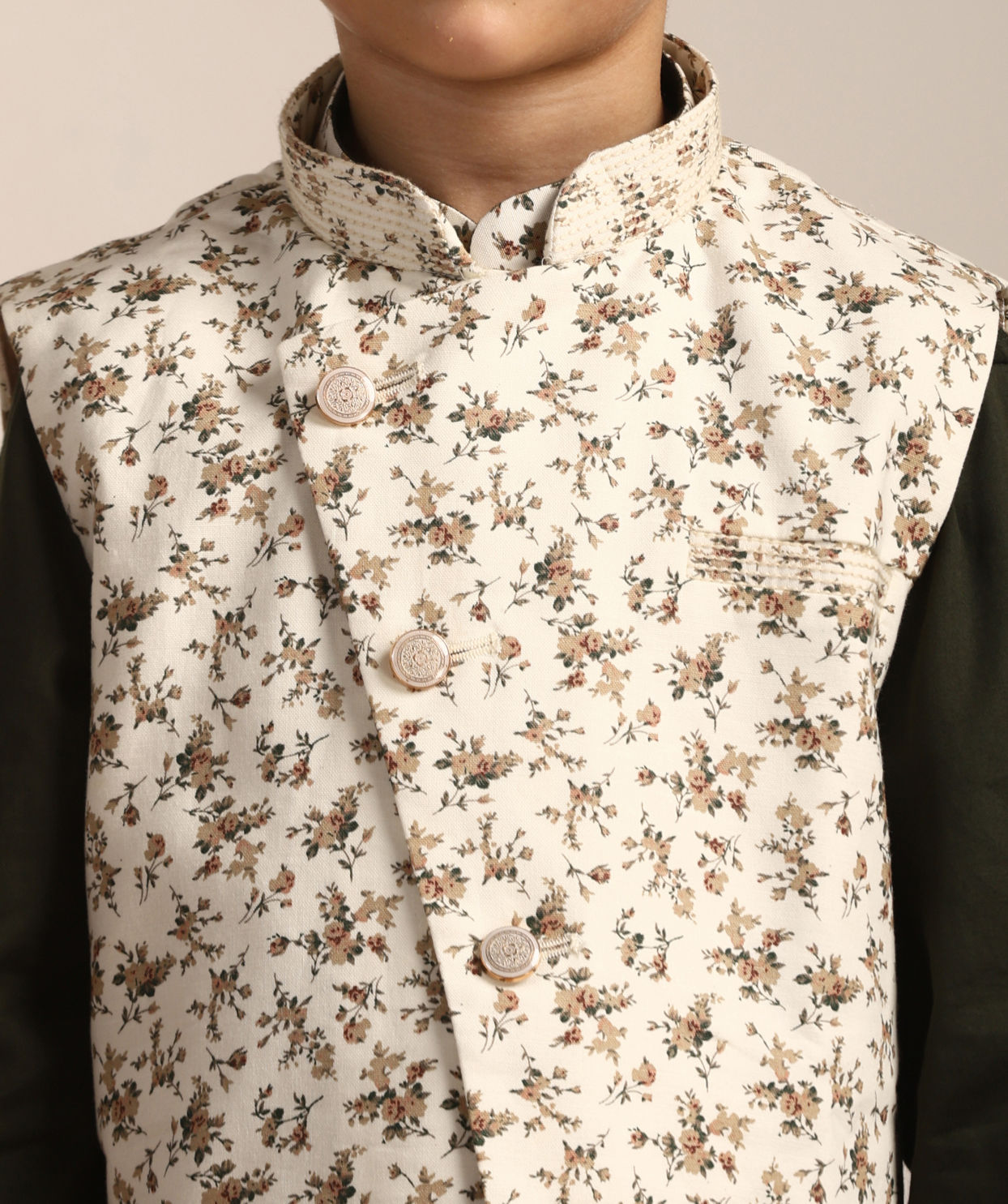 Boys Forest Green Kurta with Cream Floral Printed Jacket Set image number 1