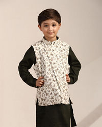 Manyavar Boys Boys Forest Green Kurta with Cream Floral Printed Jacket Set