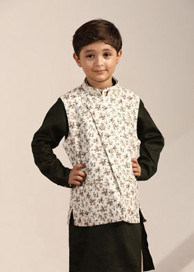 Boys Forest Green Kurta with Cream Floral Printed Jacket Set image number 0
