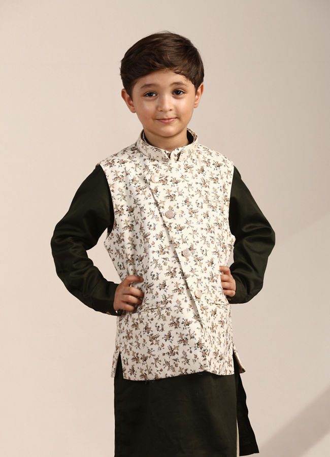 Boys Forest Green Kurta with Cream Floral Printed Jacket Set image number 0