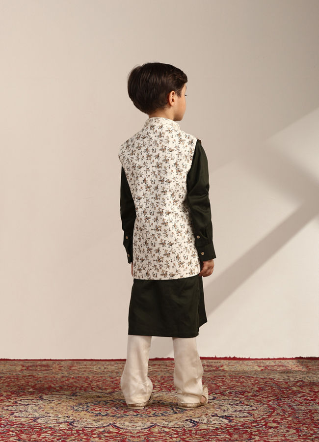 Manyavar Boys Boys Forest Green Kurta with Cream Floral Printed Jacket Set