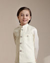 alt message - Manyavar Boys Boys Cream Warm White Self Patterned Jacket Set image number 0