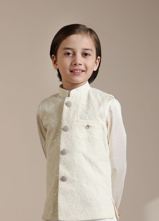 alt message - Manyavar Boys Boys Cream Warm White Self Patterned Jacket Set image number 0