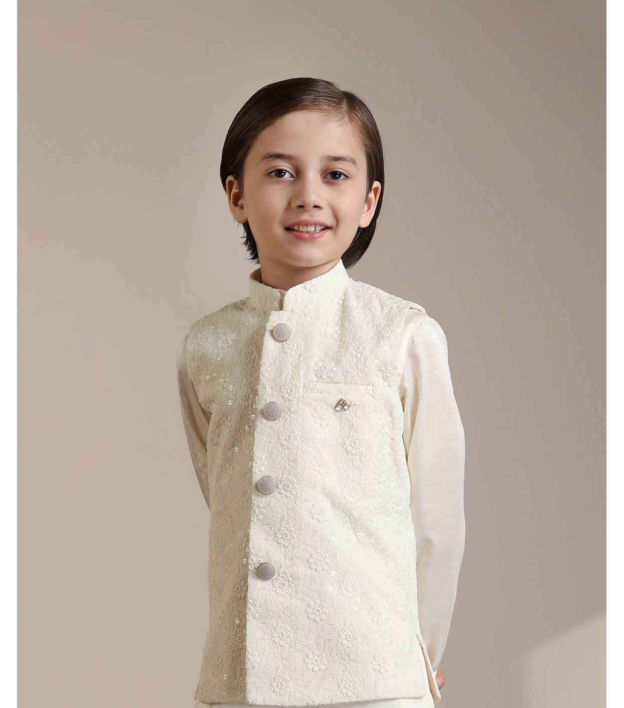 alt message - Manyavar Boys Boys Cream Warm White Self Patterned Jacket Set image number 0