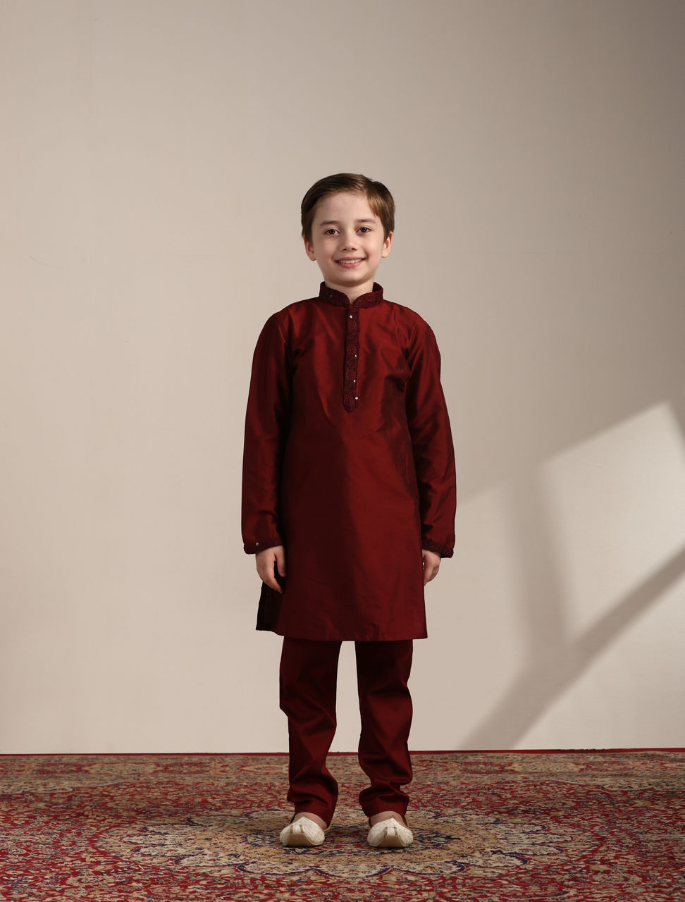 Manyavar Boys Aurora Red Kurta and Mirrored Jacket Set