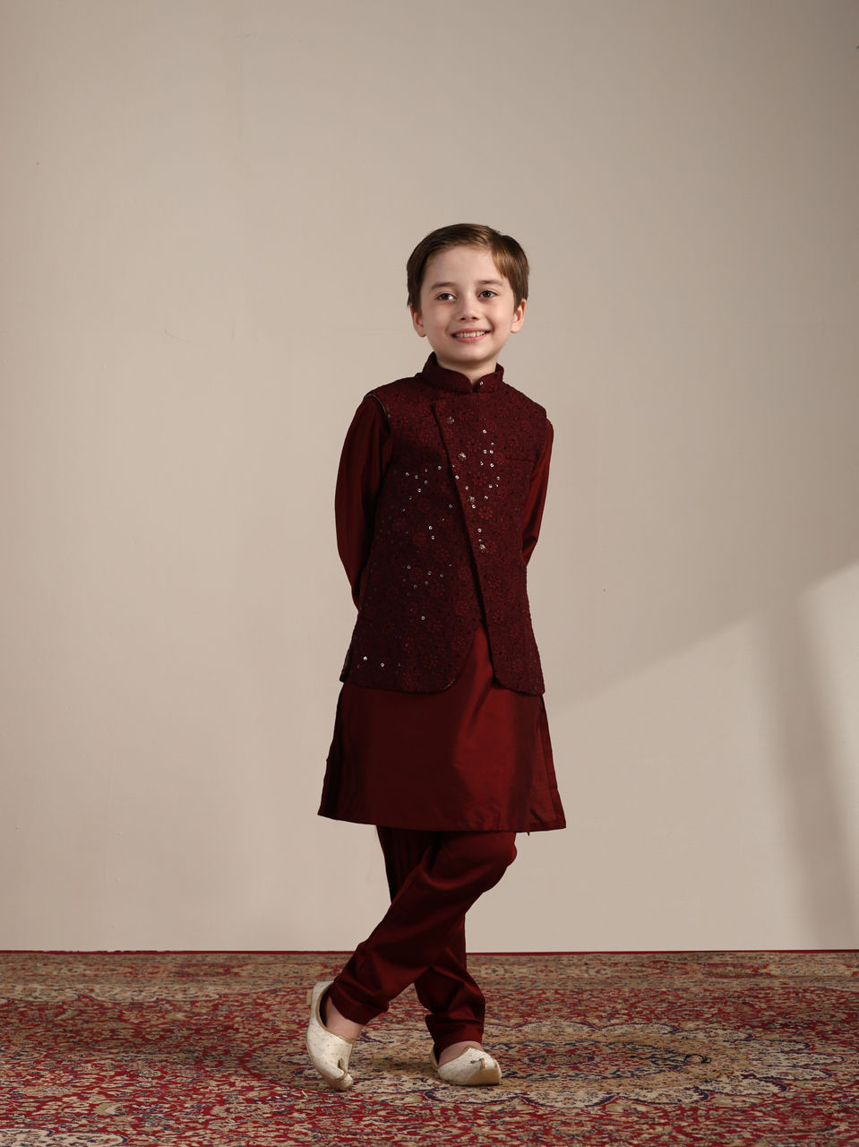 Manyavar Boys Aurora Red Kurta and Mirrored Jacket Set