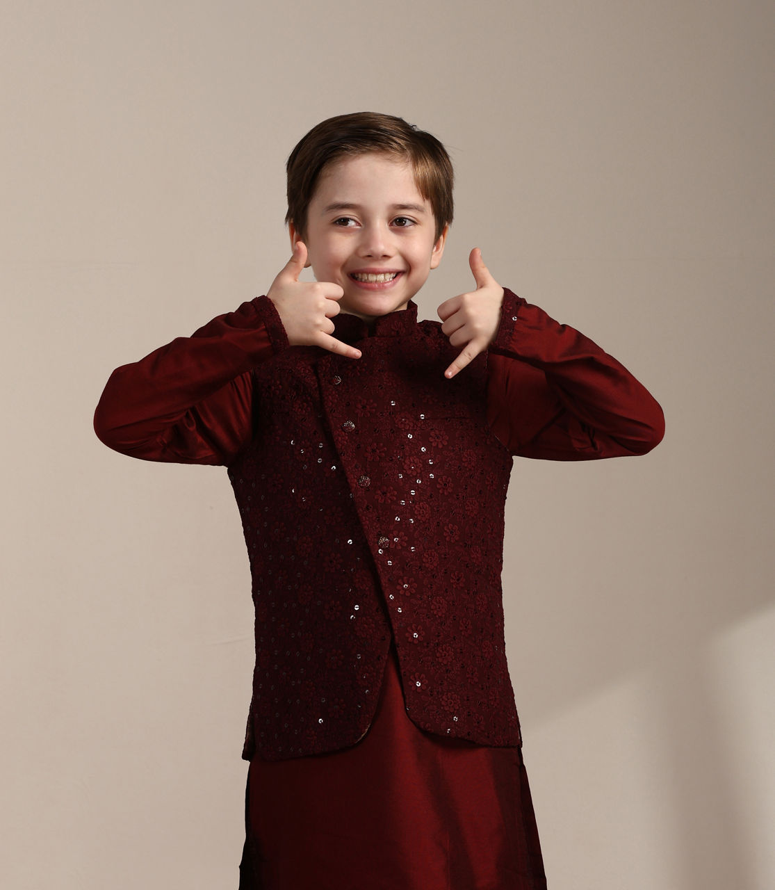 Manyavar Boys Aurora Red Kurta and Mirrored Jacket Set