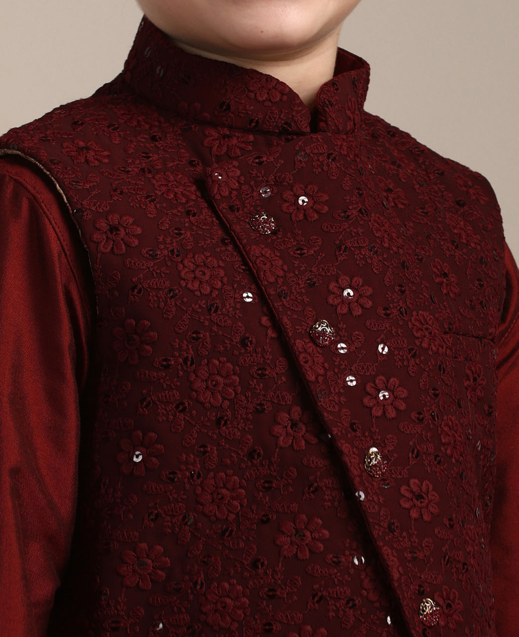 Manyavar Boys Aurora Red Kurta and Mirrored Jacket Set
