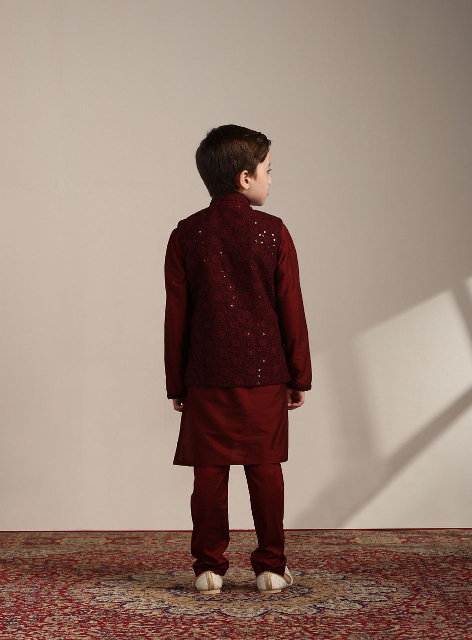 Manyavar Boys Aurora Red Kurta and Mirrored Jacket Set