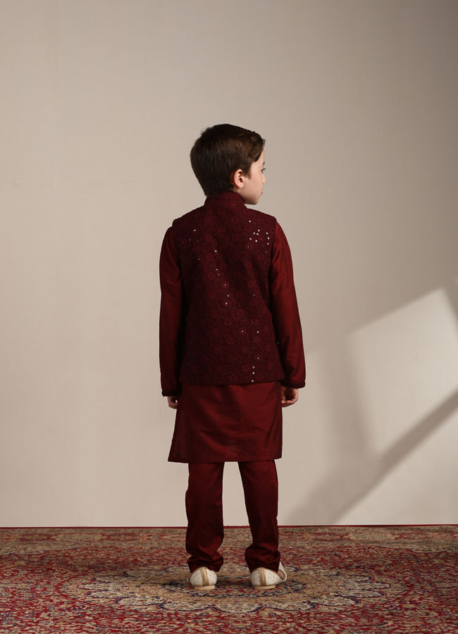 Manyavar Boys Aurora Red Kurta and Mirrored Jacket Set
