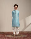 alt message - Manyavar Boys Boys Aquamarine Blue FLoral Patterned Kurta Jacket Set image number 3