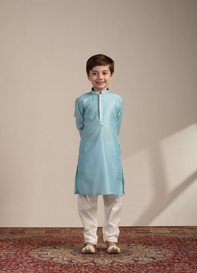 Manyavar Boys Boys Aquamarine Blue FLoral Patterned Kurta Jacket Set
