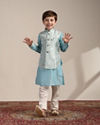 Boys Aquamarine Blue FLoral Patterned Kurta Jacket Set image number 2