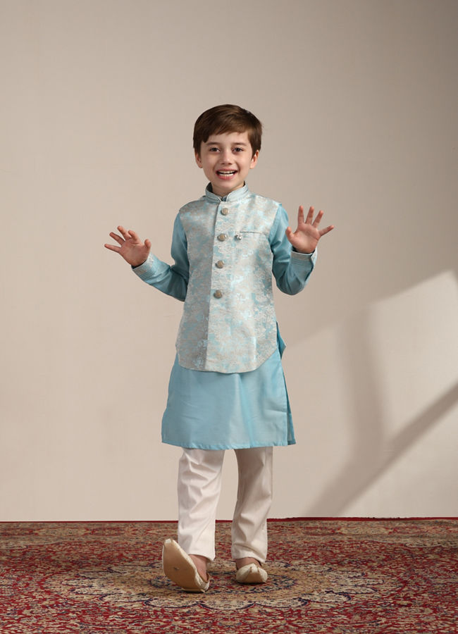 Boys Aquamarine Blue FLoral Patterned Kurta Jacket Set image number 2