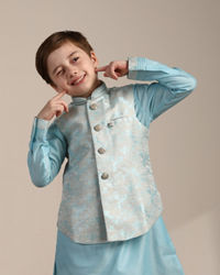 Manyavar Boys Boys Aquamarine Blue FLoral Patterned Kurta Jacket Set