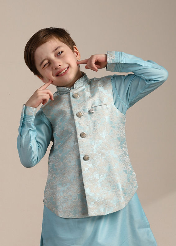 Manyavar Boys Boys Aquamarine Blue FLoral Patterned Kurta Jacket Set