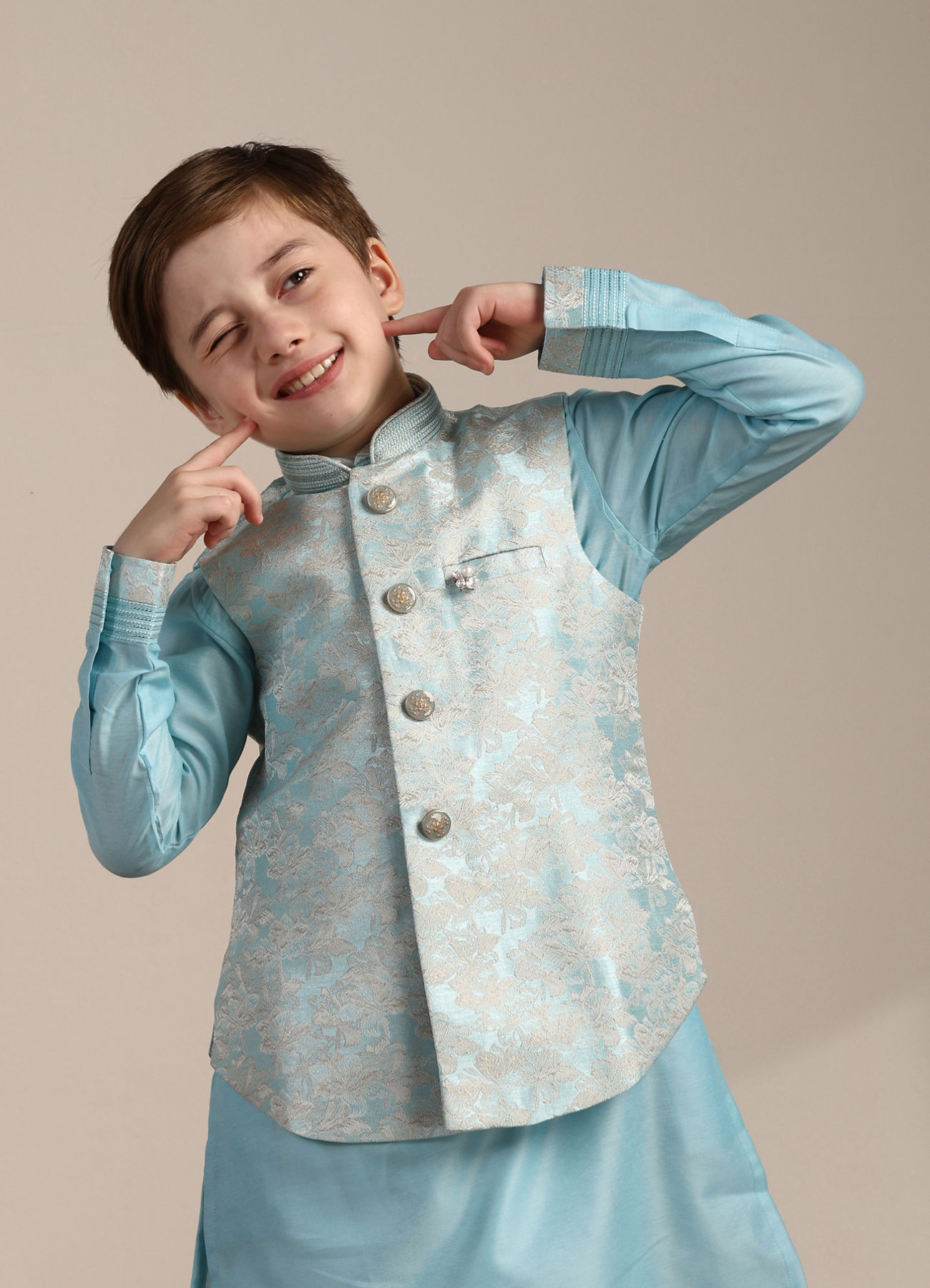 Manyavar Boys Boys Aquamarine Blue FLoral Patterned Kurta Jacket Set