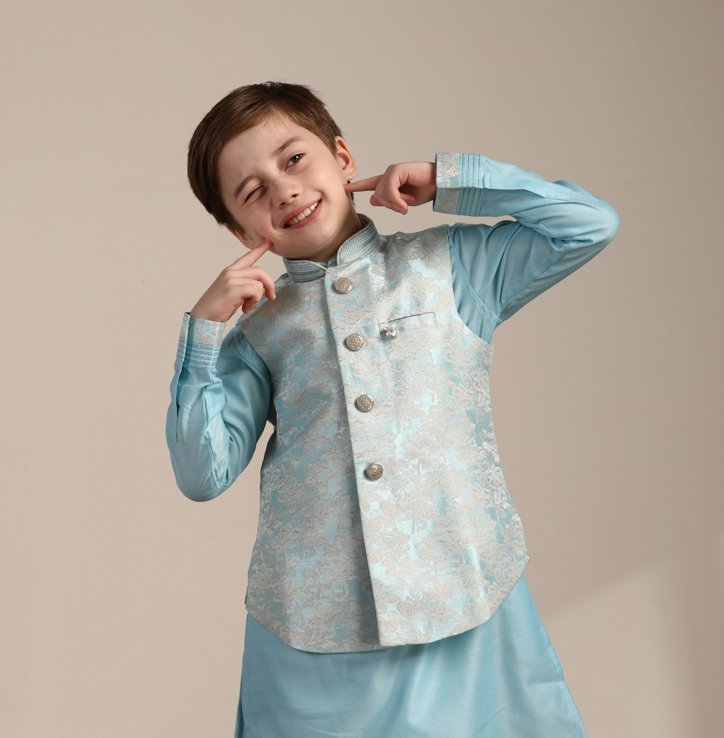 Manyavar Boys Boys Aquamarine Blue FLoral Patterned Kurta Jacket Set