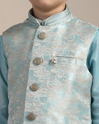 Manyavar Boys Boys Aquamarine Blue FLoral Patterned Kurta Jacket Set