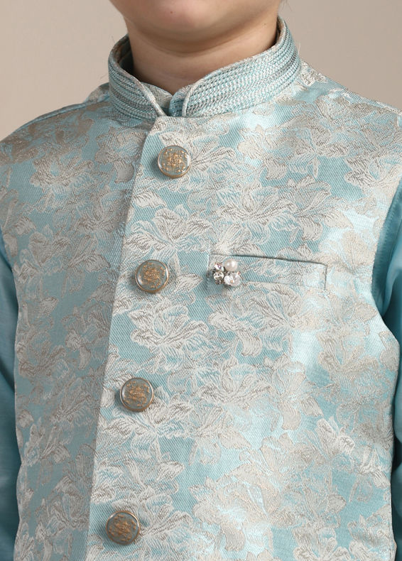 Manyavar Boys Boys Aquamarine Blue FLoral Patterned Kurta Jacket Set