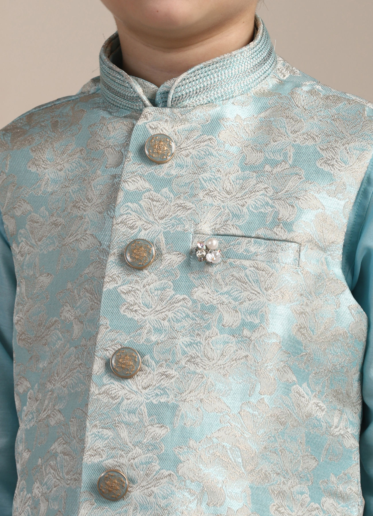 Manyavar Boys Boys Aquamarine Blue FLoral Patterned Kurta Jacket Set