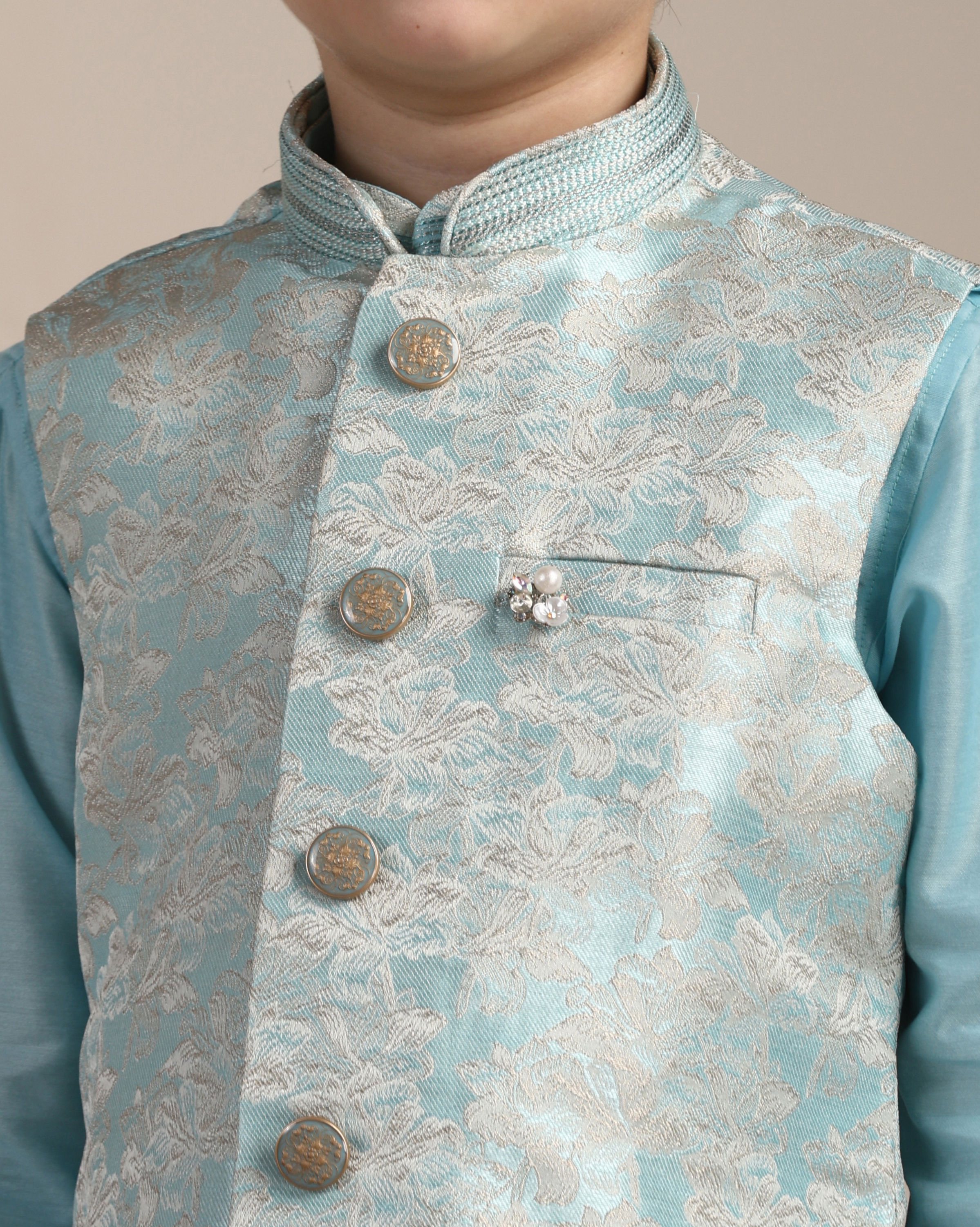 Manyavar Boys Boys Aquamarine Blue FLoral Patterned Kurta Jacket Set