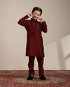 Manyavar Boys Boys Maroon Kurta with Charcoal Black Paisley Printed Jacket Set