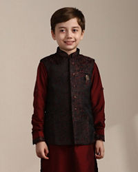 Manyavar Boys Boys Maroon Kurta with Charcoal Black Paisley Printed Jacket Set