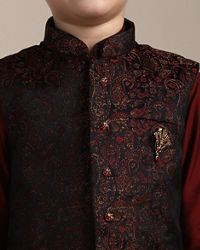 Manyavar Boys Boys Maroon Kurta with Charcoal Black Paisley Printed Jacket Set