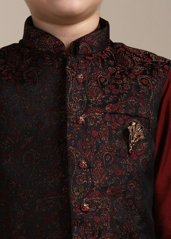 Manyavar Boys Boys Maroon Kurta with Charcoal Black Paisley Printed Jacket Set