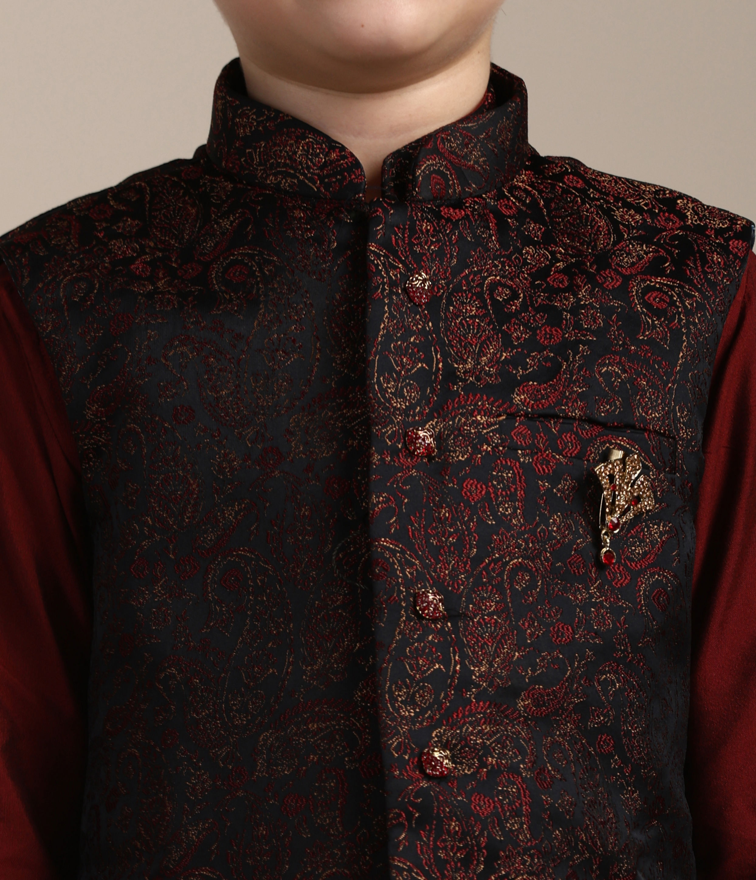 Manyavar Boys Boys Maroon Kurta with Charcoal Black Paisley Printed Jacket Set