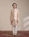 alt message - Manyavar Boys Boys Peach Diamond Patterned Jacket Set with Mirror work image number 3