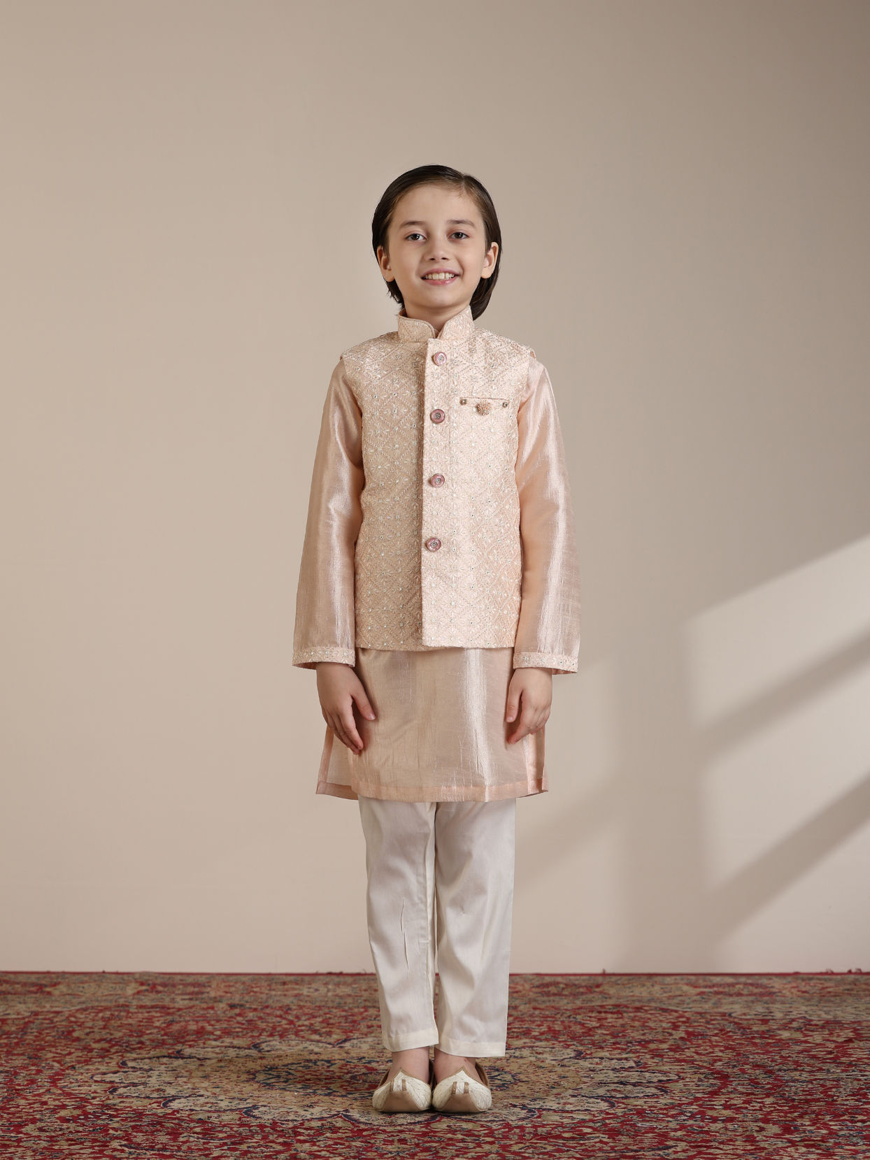 Manyavar Boys Boys Peach Diamond Patterned Jacket Set with Mirror work