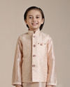 alt message - Manyavar Boys Boys Peach Diamond Patterned Jacket Set with Mirror work image number 0