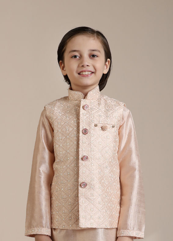 Manyavar Boys Boys Peach Diamond Patterned Jacket Set with Mirror work