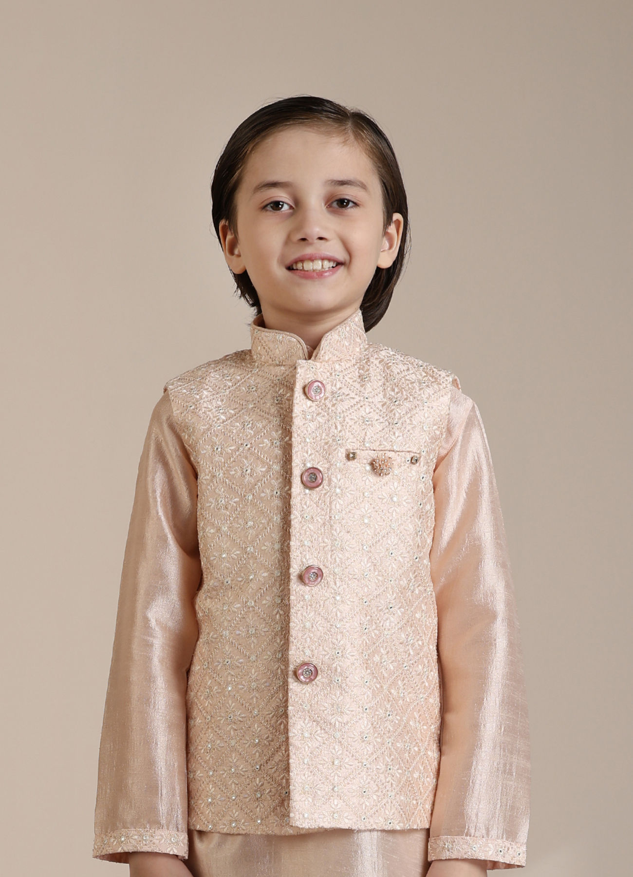 Manyavar Boys Boys Peach Diamond Patterned Jacket Set with Mirror work
