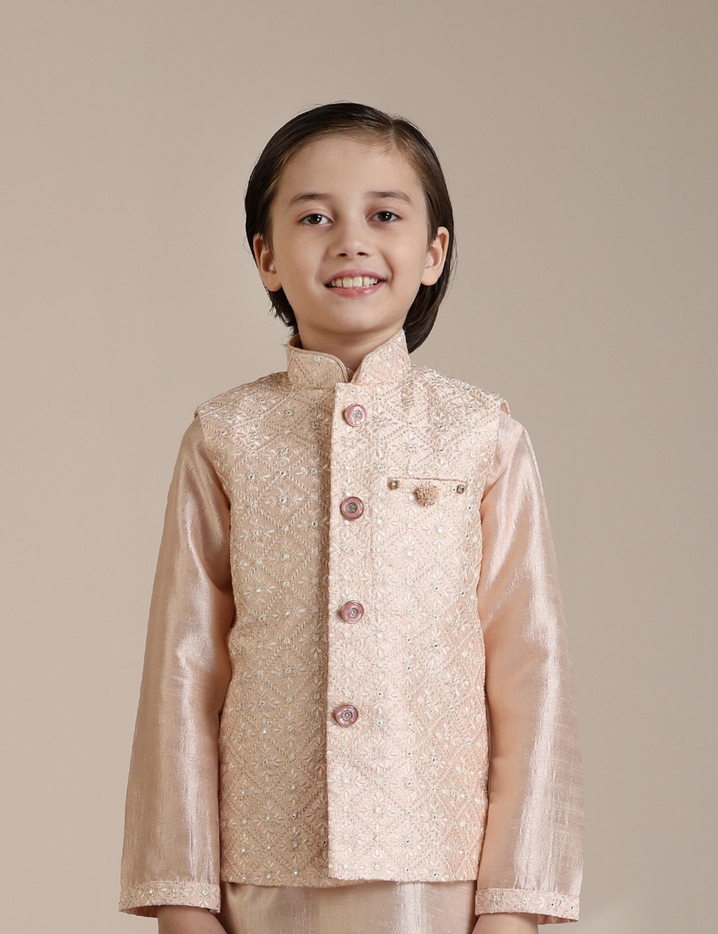 Manyavar Boys Boys Peach Diamond Patterned Jacket Set with Mirror work