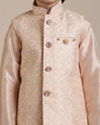 alt message - Manyavar Boys Boys Peach Diamond Patterned Jacket Set with Mirror work image number 1