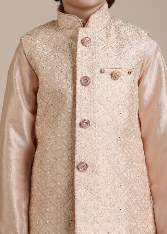 Manyavar Boys Boys Peach Diamond Patterned Jacket Set with Mirror work