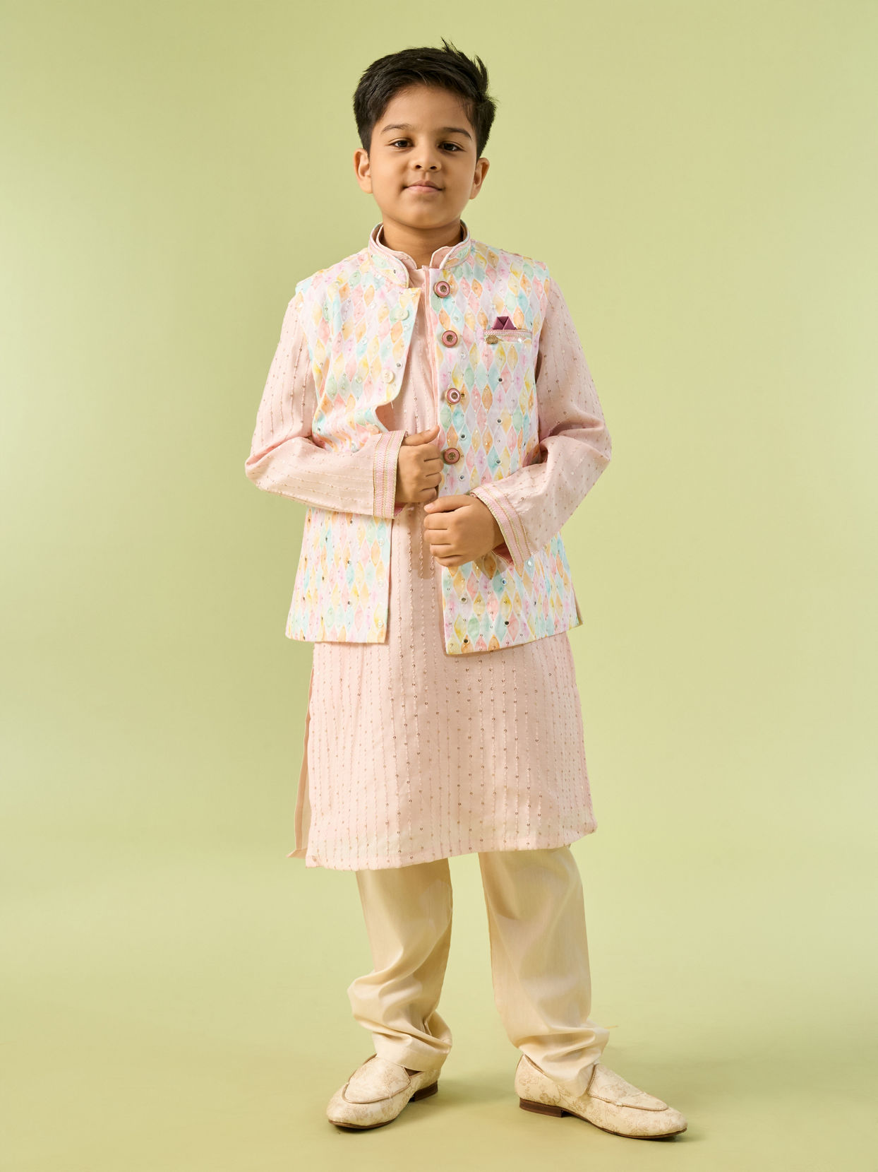 Manyavar Boys Pink Kurta Jacket Festive Ensemble Kurta Jacket Set