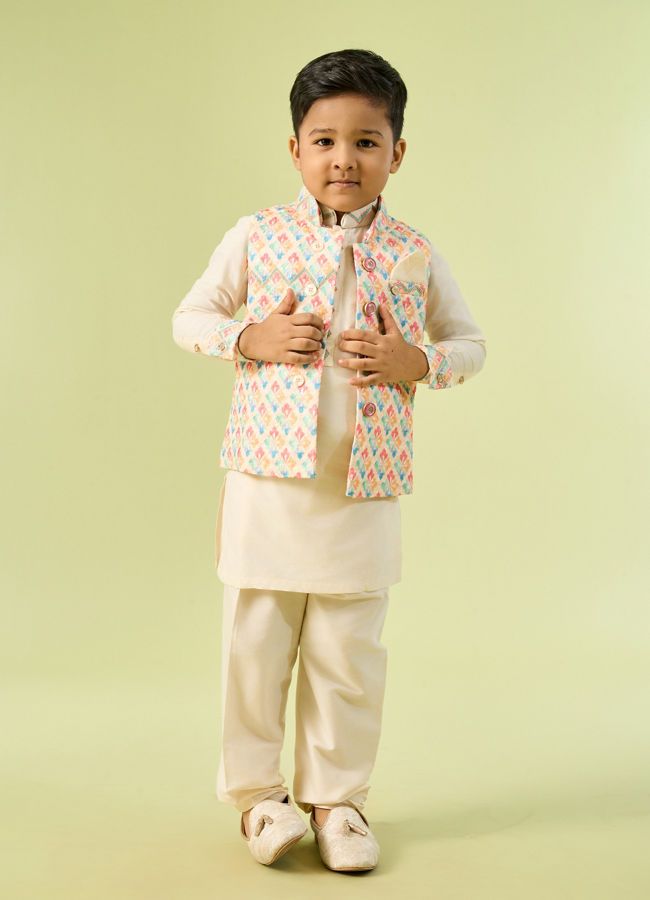 Manyavar Boys Classy Cream Kurta Jacket Set