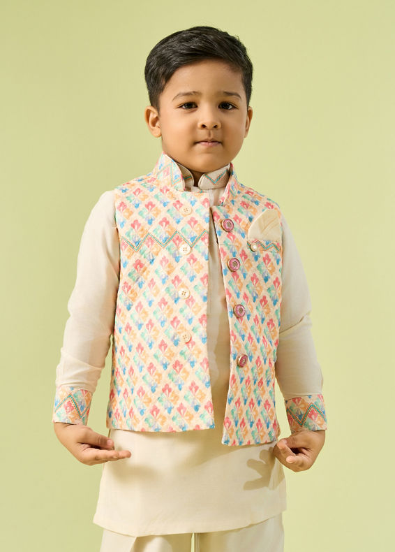 Manyavar Boys Classy Cream Kurta Jacket Set