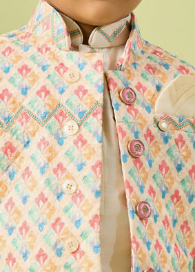 Manyavar Boys Classy Cream Kurta Jacket Set