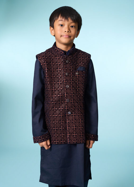 Manyavar Boys Royal Velvet Blue Kurta Jacket Set