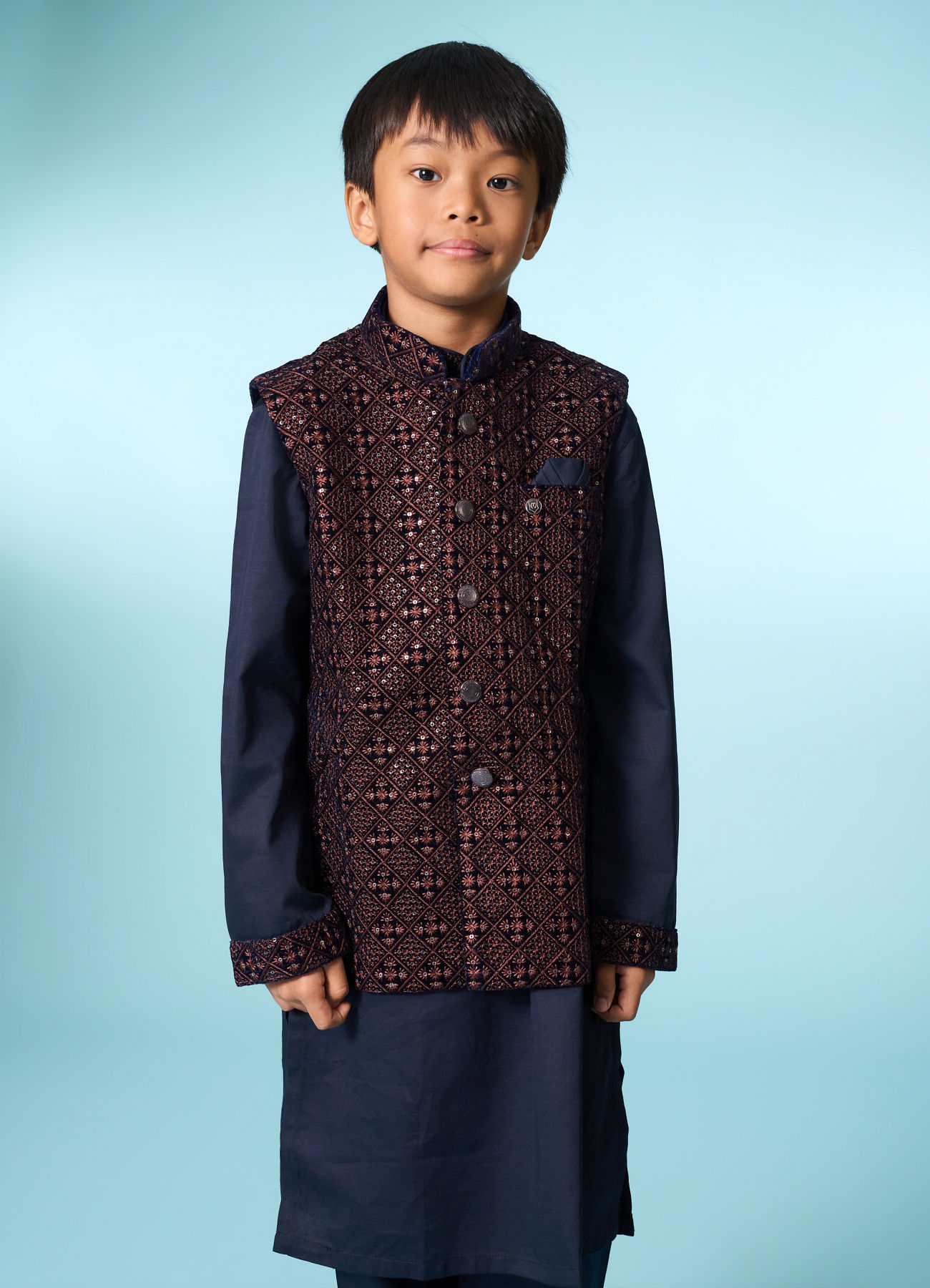 Manyavar Boys Royal Velvet Blue Kurta Jacket Set